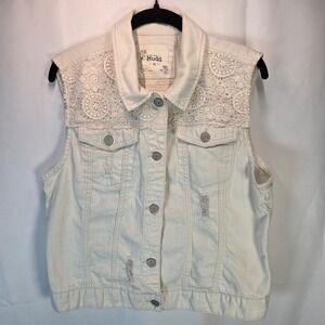 Mudd Vest Womens Juniors XL Off White Denim Lace Distressed Button Front Boho